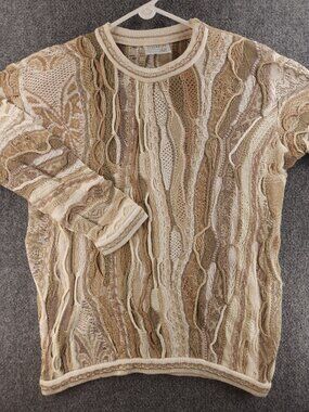 Coogi Shoulder Pads Neutral Australia Crew Neck Beige Pullover Large Knit